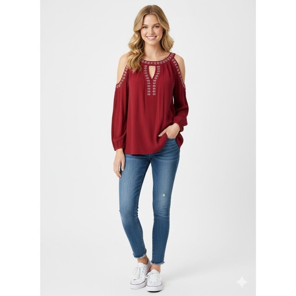 Knox Rose - Red Blouse - Long Sleeves - Peekaboo Chest - Sz M - Drop Shoulder